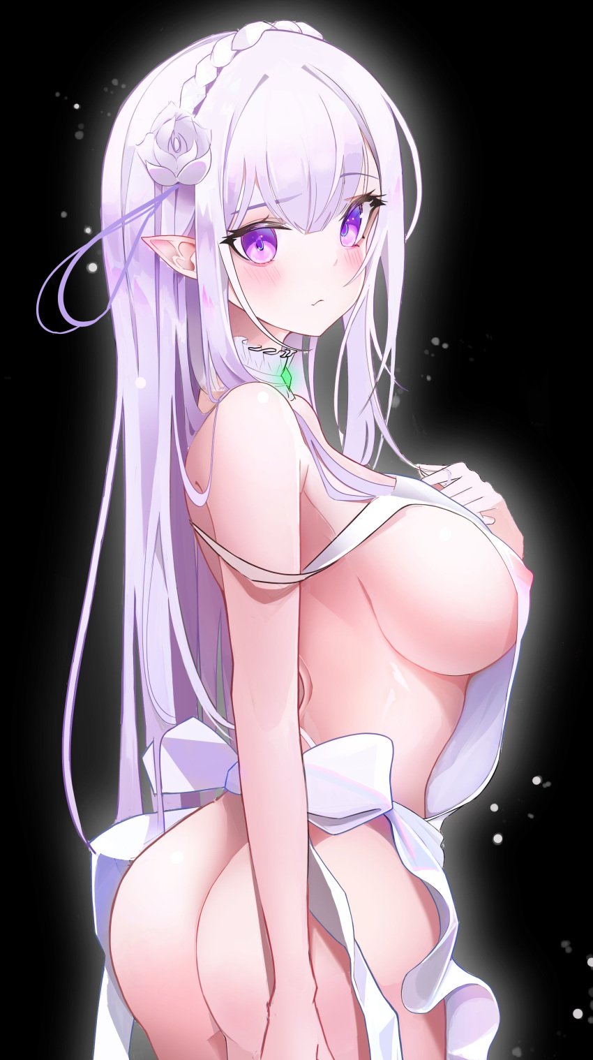 1girls apron apron_only ass ass_cleavage back_view black_background blush breasts elf elf_ears elf_female emilia_(re:zero) ishiiteru looking_at_viewer naked naked_female nipples nude nude_female pastelu purple_eyes re:zero_kara_hajimeru_isekai_seikatsu sideboob silver_hair solo