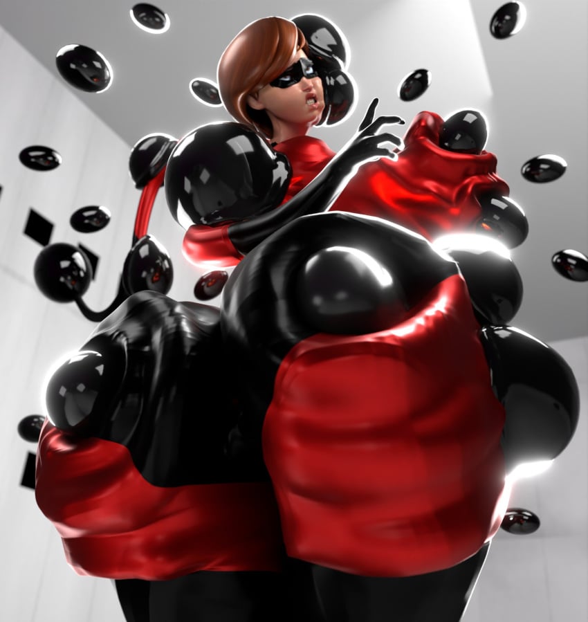 ass ass_focus big_breasts black_legwear breasts brown_hair bubble_butt bubbles damsel_in_distress dizzy elastigirl fat_ass female_superhero helen_parr hitting_breasts hitting_head impact_play in_distress mask masked masked_female milf red_costume superhero superheroine supersuit the_incredibles zimzamflow