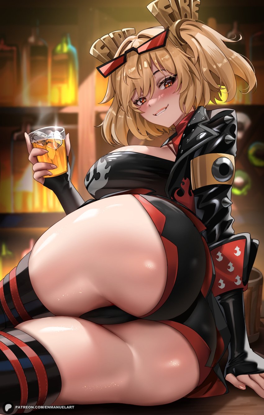 absurdres artist_name ass ass_focus bar_(place) biting_own_lip black_jacket black_skirt black_thighhighs blonde_hair breasts burnice_white cameltoe commentary cup duplicate english_commentary enma_(enmanuelart) eyewear_on_head female from_behind highres holding holding_cup indoors jacket large_breasts looking_at_viewer parted_lips patreon_logo patreon_username red_eyes sideboob skindentation skirt sleeves_past_wrists solo thighhighs tinted_eyewear twintails watermark web_address zenless_zone_zero