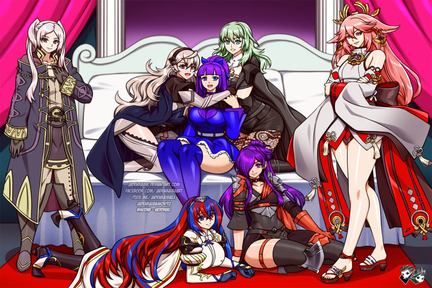 3:2 6+girls 7girls alear_(female)_(fire_emblem) alear_(fire_emblem) alluring big_breasts blue_and_red_hair blue_hair breasts byleth_(fire_emblem) byleth_(fire_emblem)_(female) clothed corrin_(fire_emblem) corrin_(fire_emblem)_(female) crossover female female_only fire_emblem fire_emblem:_three_houses fire_emblem_awakening fire_emblem_engage fire_emblem_fates fire_emblem_heroes genshin_impact green_eyes harem heterochromia jadenkaiba large_breasts multiple_girls nintendo nozomi_ai_(oc) on_bed original_character pink_hair robin_(fire_emblem) robin_(fire_emblem)_(female) shez_(female)_(fire_emblem) shez_(fire_emblem) silver_hair yae_miko yuri