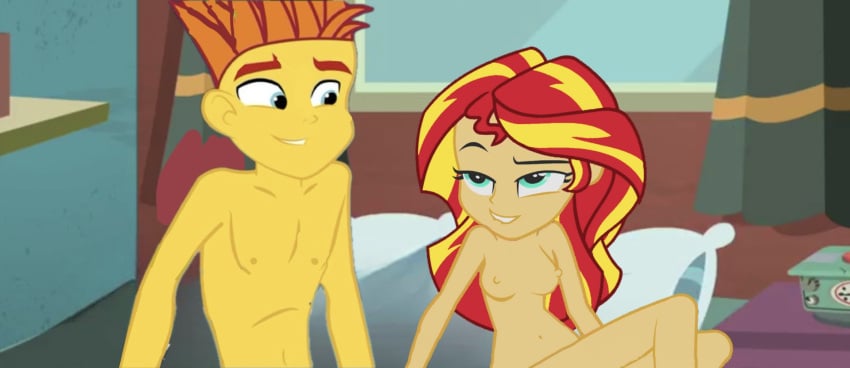 after_sex alex_seville_(oc) aqua_eyes bed belly_button breasts breasts brother_and_sister equestria_girls green_eyes incest naked_female naked_male oc orange_hair red_hair siblings sunset_shimmer yellow_hair