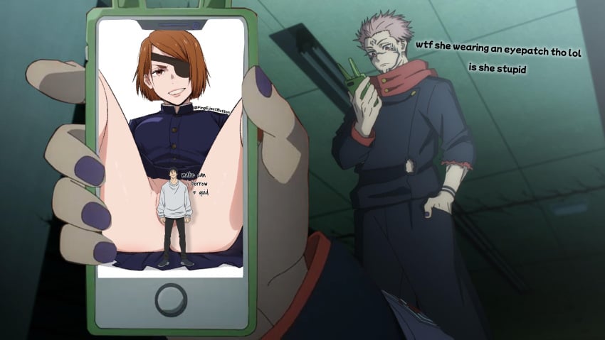 1girls artist_name censor_bar censored dialogue english_text eyepatch female fingerontheejectbutton funny hidden_pussy itadori_yuuji jujutsu_kaisen kugisaki_nobara looking_at_phone male meme phone phone_screen photo ryoumen_sukuna_(jujutsu_kaisen) school_uniform schoolgirl screencap screenshot screenshot_edit sending_nudes smartphone text toji_fushiguro twitter_username watermark