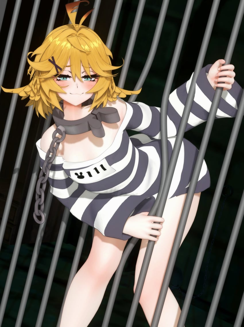 bent_over black_background blonde_hair chain_leash dokibird dokibird_(vtuber) looking_at_viewer loshi no_pants prison_cell prison_clothes prison_uniform prisoner short_hair standing stuck virtual_youtuber yellow_hai