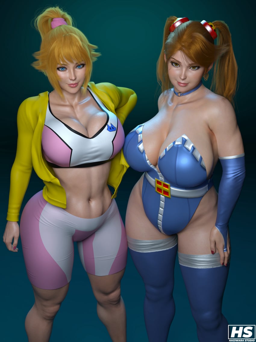 2girls 3d big_breasts blonde_hair blue_eyes breasts brown_eyes brown_hair chubby chubby_belly chubby_female female female_only gundam gundam_build_fighters gundam_build_fighters_try hagiwara_studio high_resolution highres hoshino_fumina ponytail sazaki_kaoruko tagme thick_thighs twintails