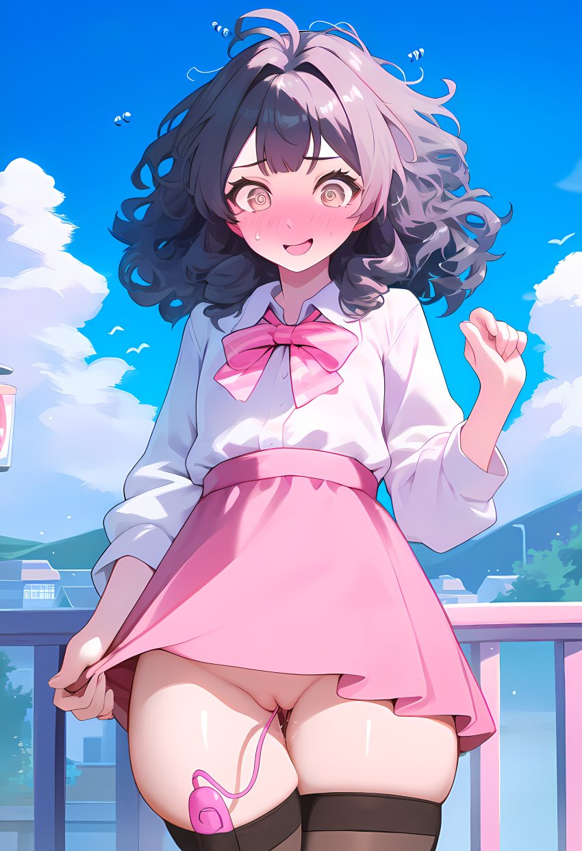 1girls ahoge ai_generated balls big_hair black_hair black_legwear blush blushing_at_viewer brown_eyes clenched_hand clothed clothes_pull clothing color cute day discreet_vibrator dripping embarassed embarrassed exposed exposed_penis exposed_pussy exposure facing_viewer female female_focus female_only front_view girly hi_res highres implied_penetration izacru0 leaking legs_together legwear light_skin looking_at_viewer no_panties no_underwear open_mouth open_smile original original_character outdoors outside partially_clothed partially_nude petite pink_clothing pink_skirt plump_thighs public public_exposure public_indecency public_nudity public_vibrator pulled_by_self pulling_clothing ribbon risky school_uniform shirt short_hair skindentation skirt skirt_pull smile smiling_at_viewer solo solo_female solo_focus standing submissive sweat thick_thighs thighhighs thighs uncensored uniform very_high_resolution vibrator vibrator_cord vibrator_in_thighhighs vibrator_under_clothes wavy_hair white_shirt wide_hips