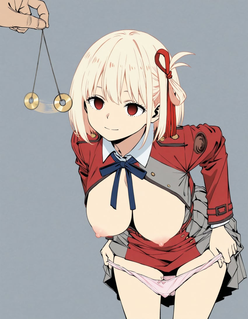 ai_generated blonde_hair breasts_out breasts_out_of_clothes hypnosis lycoris_recoil lycoris_uni lycoris_uniform nipples nishikigi_chisato panties_down red_eyes removing_panties undressing