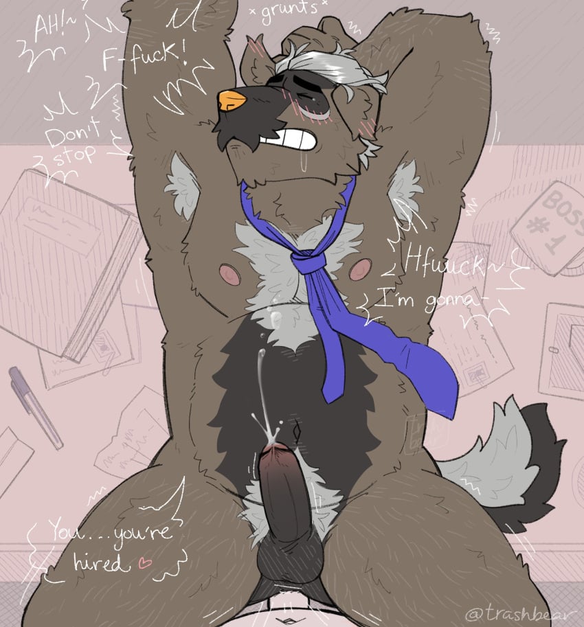 anal anal_sex anthro anthro_on_anthro anthro_penetrated anthro_penetrating anthro_penetrating_anthro armpit_hair arms_above_head arms_bent ass balls beard begging_not_to_stop belly blush blush_lines bodily_fluids body_hair boss_and_employee breasts canid canine canis container cum cum_on_belly cum_on_body cum_on_chest cum_on_own_belly cum_on_own_chest cum_on_self cumshot cup dialogue digital_media_(artwork) domestic_dog drooling duo ejaculation english_text erection facial_hair floppy_ears fur furniture generation_9_pokemon genital_fluids genitals hair hairy_balls hi_res humanoid_genitalia humanoid_penis mabosstiff male male/male male_penetrated male_penetrating male_penetrating_male mammal mature_male moan mostly_nude mug navel necktie necktie_only nintendo nipples nude paper pen penetration penile penile_penetration penis penis_in_ass pokemon pokemon_(species) portrait pubes raised_arms saliva sex shaking shivering simple_background table tail tears text thick_penis throbbing throbbing_penis trash_bear