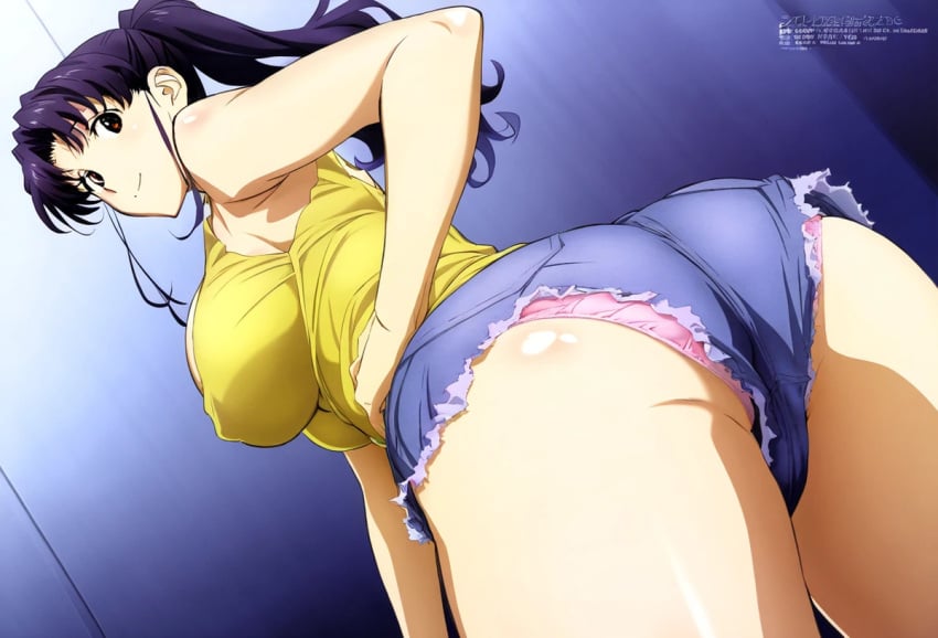 ai_generated ai_guan_yu ass ass_focus back_view backboob bare_legs big_ass big_breasts big_butt brown_eyes fat_ass gigantic_ass huge_breasts huge_thighs large_breasts light-skinned_female light_skin looking_back massive_ass mature_female milf misato_katsuragi neon_genesis_evangelion ponytail purple_hair short_shorts smiling solo_female squatting sweat sweatdrop tank_top thick_thighs thighs voluptuous voluptuous_female