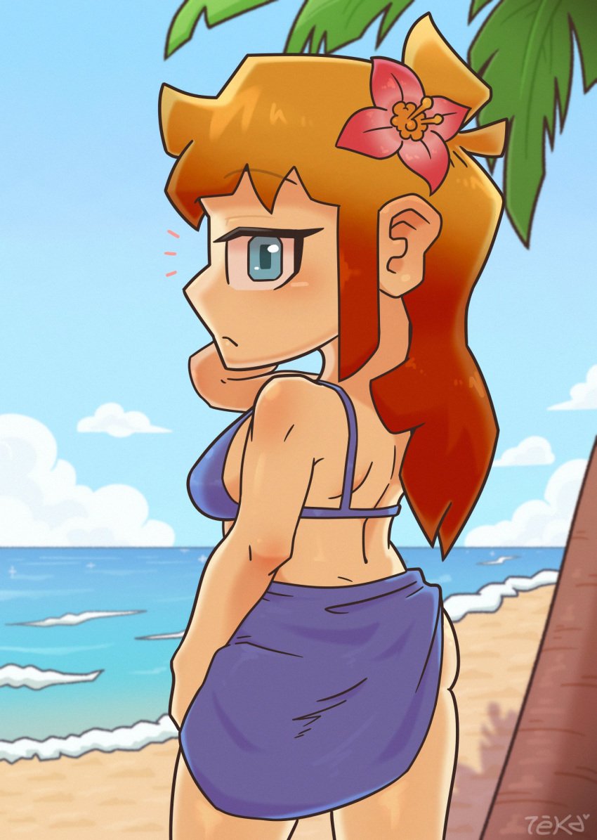 1female 1girls ass_peek back back_view beach blue_eyes breasts female_focus flower flower_in_hair notice notice_lines palm_tree sand sky teka77909771 tree water