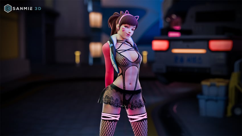 1girls 3d d.va female female_only lingerie monokini neon overwatch sanmie3d see-through see-through_clothing skirt solo tagme