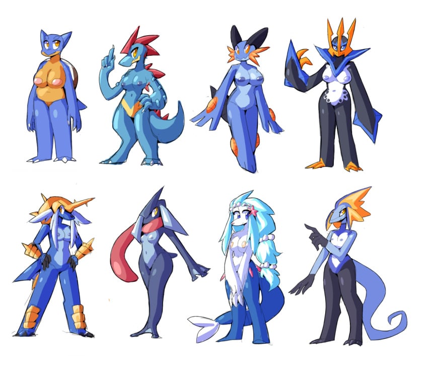 anthro anthrofied blastoise blue_body breasts empoleon female female_greninja feraligatr genitals greninja group inget inteleon nintendo nude pokémon_(species) pokemon pokemon_(species) primarina pussy samurott swampert video_games