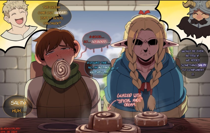 blackwhiplash bwl chilchuck_tims cum_on_food delicious_in_dungeon dungeon_meshi eating_cum female marcille_donato