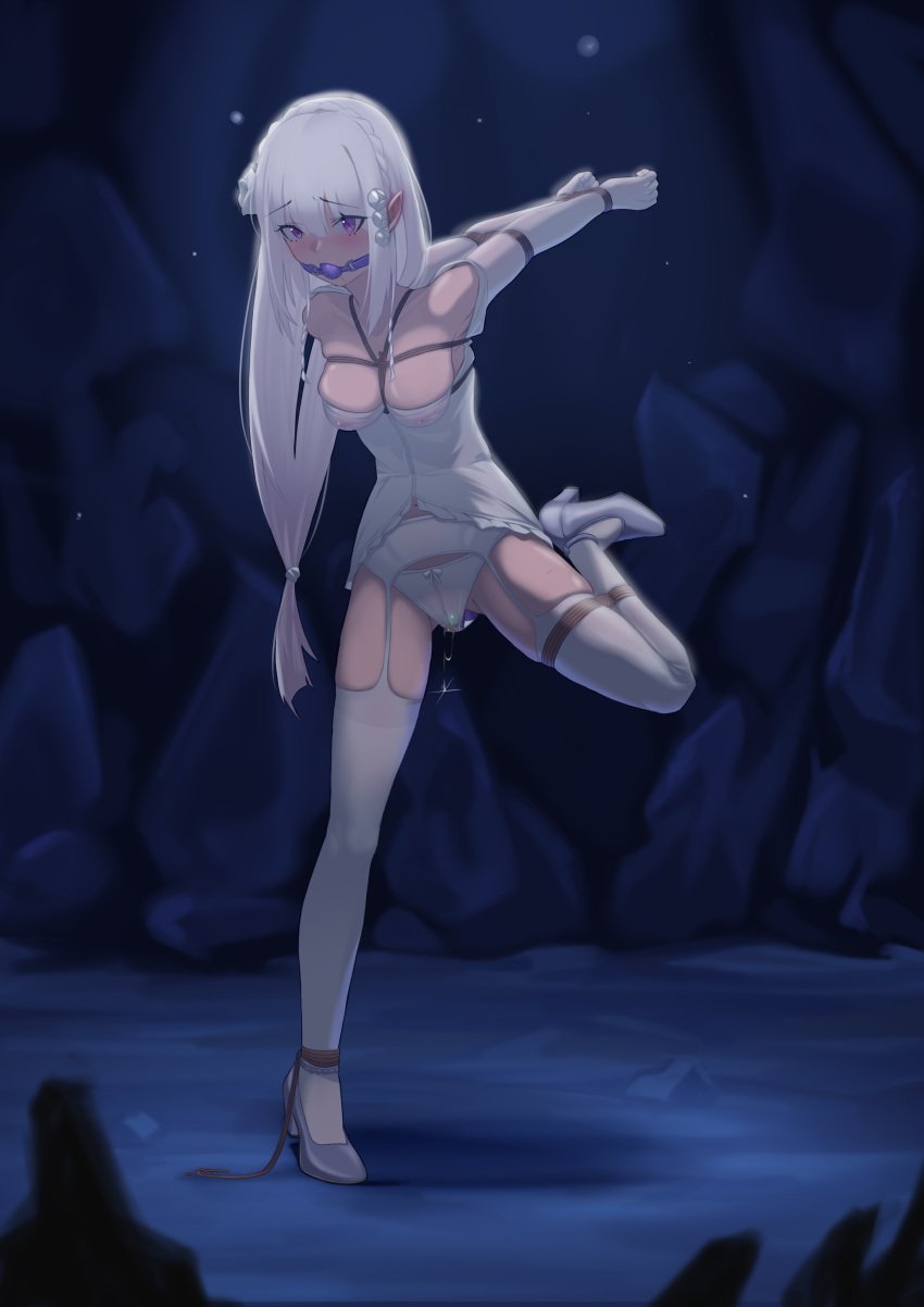 1girls ball_gag breasts bride captured captured_heroine cave cleavage dildo elf elf_ears elf_female emilia_(re:zero) exposed_shoulders forced_orgasm garter_belt half_naked heels impactinjury kidnapped leg_up married_woman nipples panties purple_eyes re:zero_kara_hajimeru_isekai_seikatsu see-through silver_hair solo standing standing_on_one_leg thighhighs tied_arms tied_breasts tied_hands tied_legs tied_up wedding_dress wedding_lingerie wife