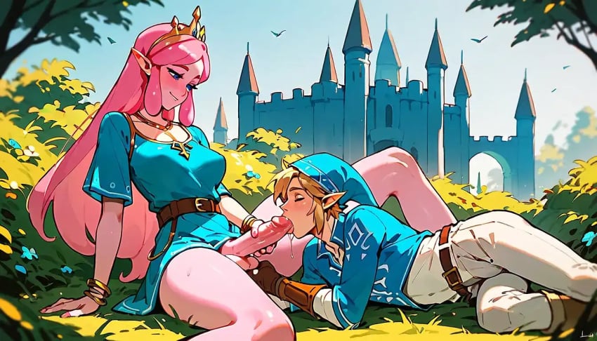 ai_generated blowjob crossover fondling_balls futa_on_male futanari hand_on_penis link link_(breath_of_the_wild) lying_on_side outside outside_sex princess_bubblegum princess_zelda_(cosplay) sitting sitting_upright the_legend_of_zelda