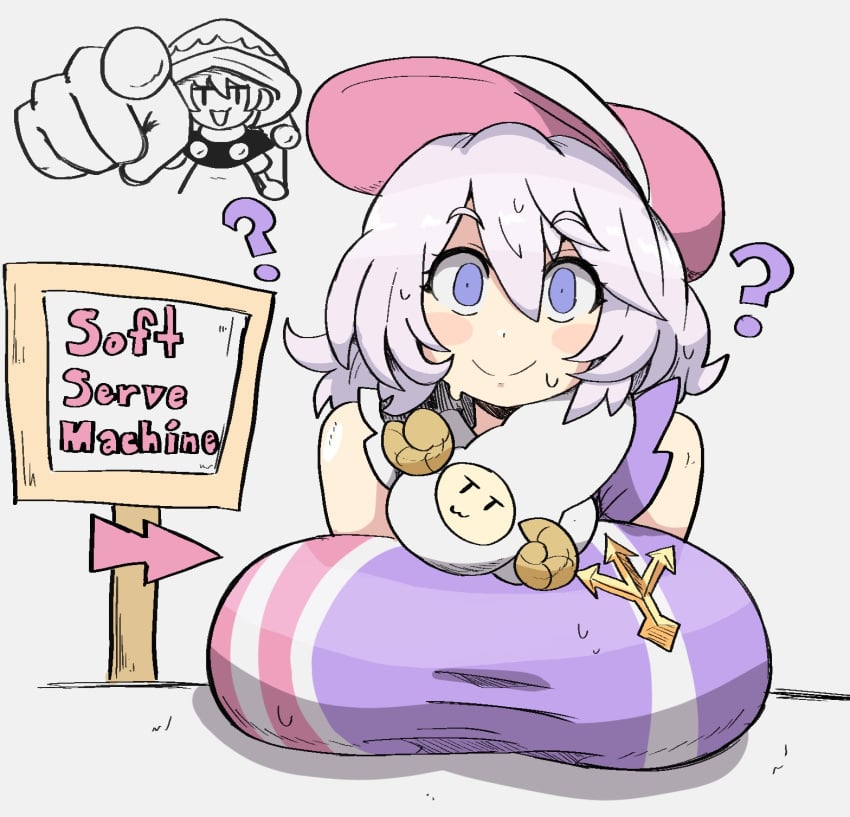 2girls big_breasts breasts clothed_female doodle doremy_sweet hat lavender_hair letty_whiterock light-skinned_female mature_female meme notnoe_(dxcl) purple_eyes purple_hair sign touhou white_background