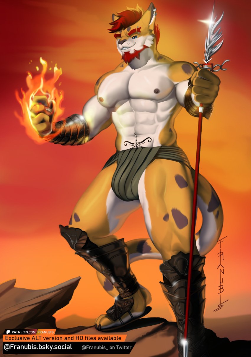 absurd_res armor beard boots bulge clothed clothing dark desert domestic_cat facial_hair felid feline felis fire footwear franubis hi_res magic male mammal melee_weapon muscular muscular_male orange_background orange_body pantherine partially_clothed polearm shoes simple_background smile smirk solo soul spear tiger weapon