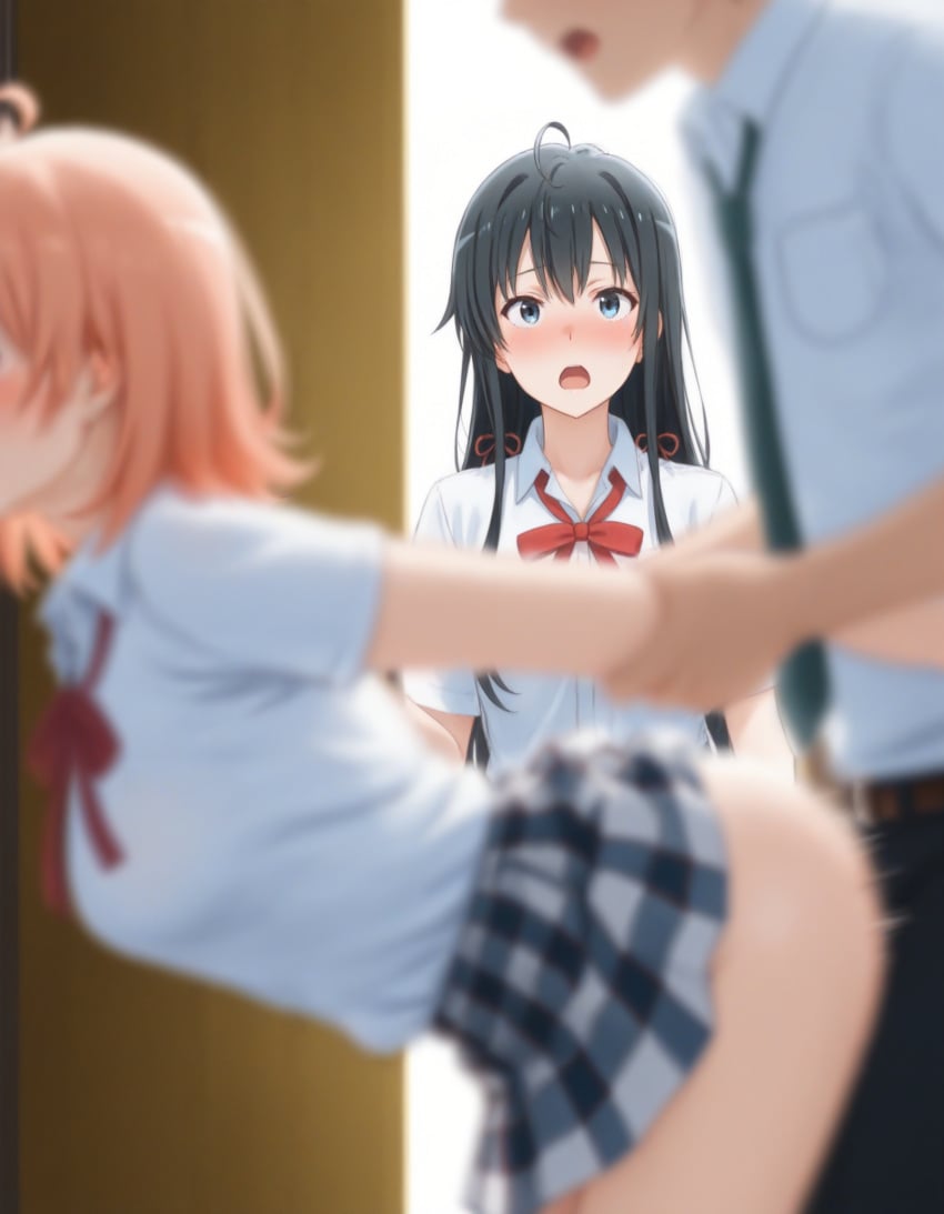 1girls ai_generated black_hair blue_eyes caught caught_in_the_act doggy_style hikigaya_hachiman my_teen_romantic_comedy_snafu orange_hair wrist_grab yuigahama_yui yukinoshita_yukino