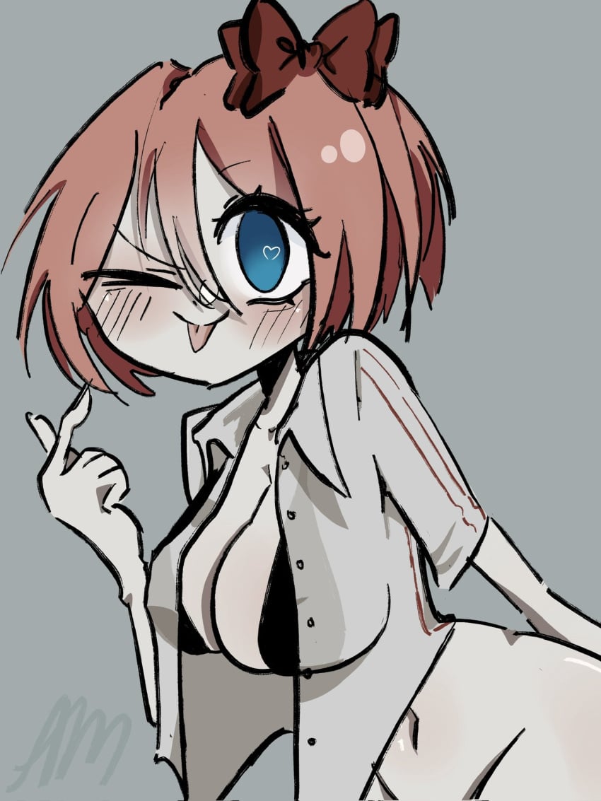 1girls almonddssss blue_eyes blush blush blush_lines bottomless bra coat cute doki_doki_literature_club female female_only looking_at_viewer pointing_at_self sayori_(doki_doki_literature_club) short_hair smile solo solo_female sticking_out_tongue tomgue tongue_out