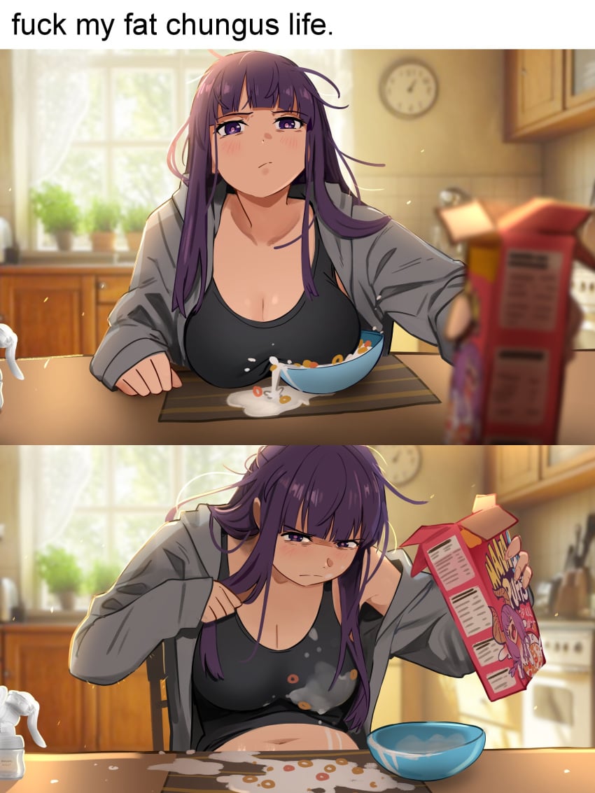 1girls 2d big_breasts black_crop_top bowl box_of_cereal cereal comedic crop_top exposed_stomach female female_focus female_only fern_(sousou_no_frieren) frieren_beyond_journey's_end funny huge_breasts khyleri kitchen large_breasts large_chest meme mess messy_hair milk morning purple_eyes purple_hair sole_female sousou_no_frieren spill stomach text tummy wearing_clothes