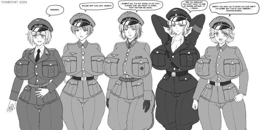 arms_up army_uniform aryana_schütze cleavage disgust disgusted disgusted_expression gigantic_breasts huge_breasts large_breasts military_uniform multiple_girls nazi nazi_uniform original original_character original_characters peaked_cap tomboyist wanda_kraus wehrmacht