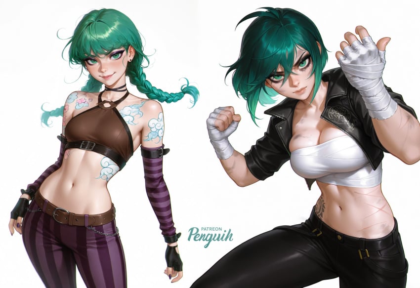 2girls ai_generated alternate_costume alternate_hairstyle alternative_universe arcane arcane_jinx bob_cut bondage braid braided_hair female_only fubuki_(one-punch_man) green_hair jinx_(cosplay) jinx_(league_of_legends) latex league_of_legends multiverse patreon_username penguih tattoo tattoos twintails vagina vaginal_penetration vi_(league_of_legends) white_background