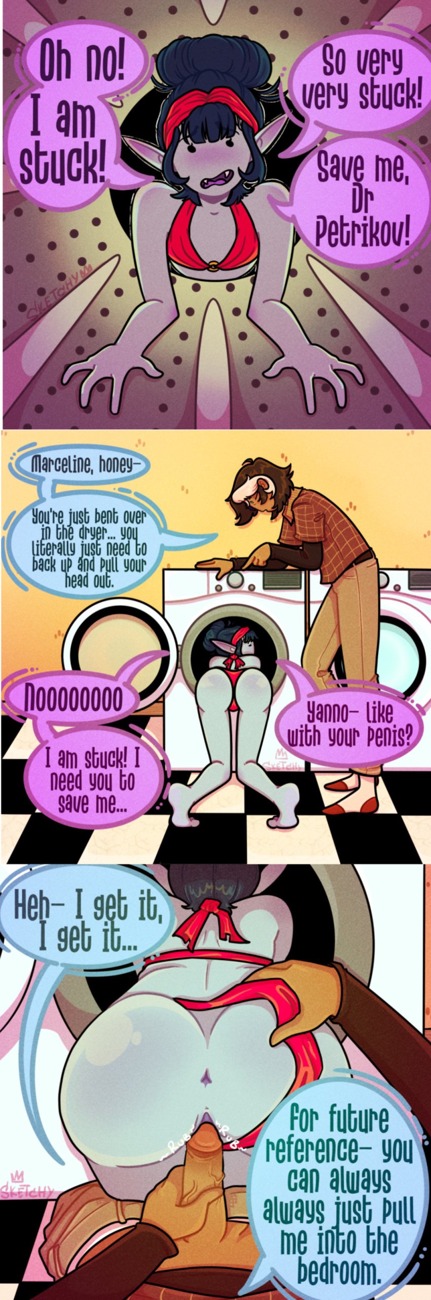 adventure_time adventure_time:_fionna_&_cake ass ass_focus clothed clothed_sex comic comic_page dialogue doggy_style marceline marceline_abadeer marceline_the_vampire_queen older_male simon_petrikov sketchventures stuck_in_object washing_machine younger_female