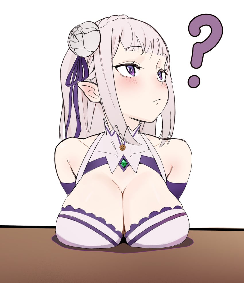 1girls ? boobs breasts breasts_focus breasts_on_table cinndvl cleavage elf elf_ears elf_female emilia_(re:zero) purple_eyes re:zero_kara_hajimeru_isekai_seikatsu silver_hair solo white_background