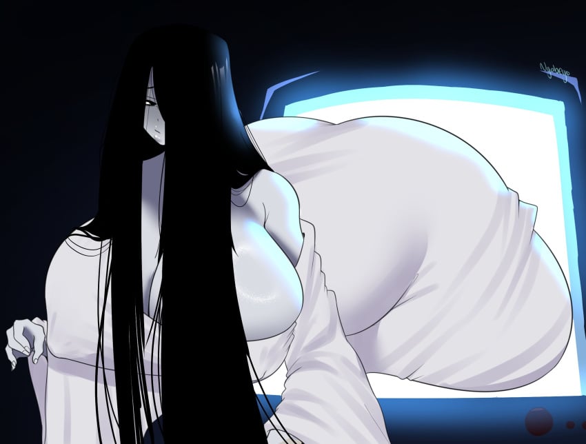 1girls closed_eyes coming_out_of_screen ghost ghost_girl guabeyo huge_ass huge_breasts long_hair movie_theater nipples_visible_through_clothing nyabeyo one_eye_covered tagme the_ring voluptuous voluptuous_female yamamura_sadako