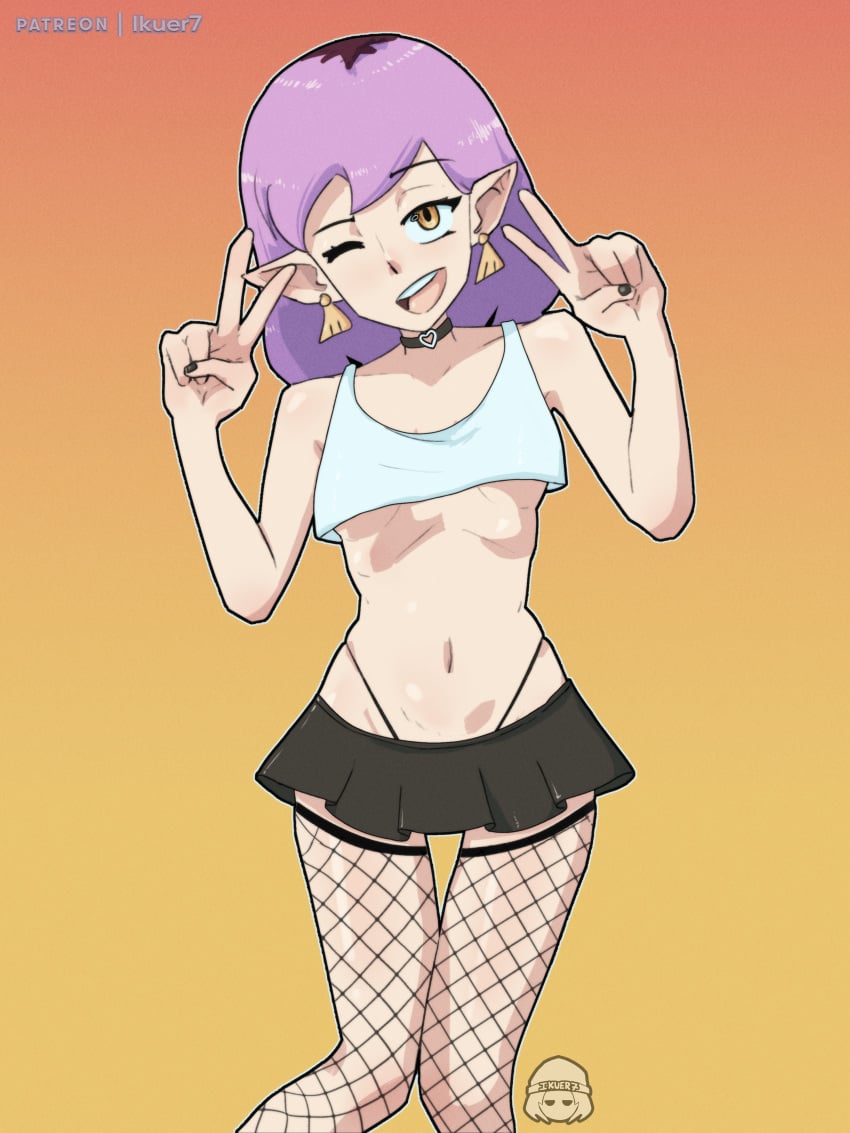 1girls amity_blight belly blush choker double_v earrings elf_ears female fishnet_legwear fishnet_stockings fishnets hands_behind_head hips ikuer7 light-skinned_female light_skin looking_at_viewer medium_hair miniskirt navel peace_sign pointy_ears purple_hair skimpy skimpy_clothes skirt small_breasts the_owl_house thick thick_hips thick_legs thick_thighs thighs thong underboob white_shirt yellow_eyes