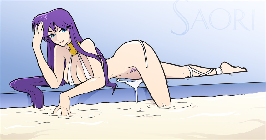 1girls athena_(saint_seiya) bikini blue_eyes breasts cleavage cum cum_bath cum_pool excessive_cum female goddess large_breasts long_hair on_side pale-skinned_female pale_skin pubic_hair purple_hair saint_seiya saori_kido shounen_jump smile sparrow_(artist) wide_hips