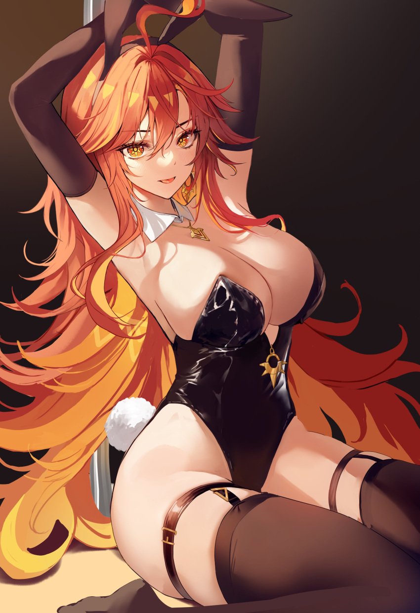 :p absurdres animal_ears armpits arms_up bare_shoulders black_leotard black_thighhighs blonde_hair breasts cleavage collar commentary_request detached_collar fake_animal_ears female genshin_impact hair_between_eyes highres jewelry large_breasts leotard long_hair looking_at_viewer mavuika_(genshin_impact) multicolored_hair pendant rabbit_ears red_eyes red_hair simple_background sitting solo strapless strapless_leotard thighhighs tongue tongue_out very_long_hair wariza white_background white_collar yuna_(deadawon)