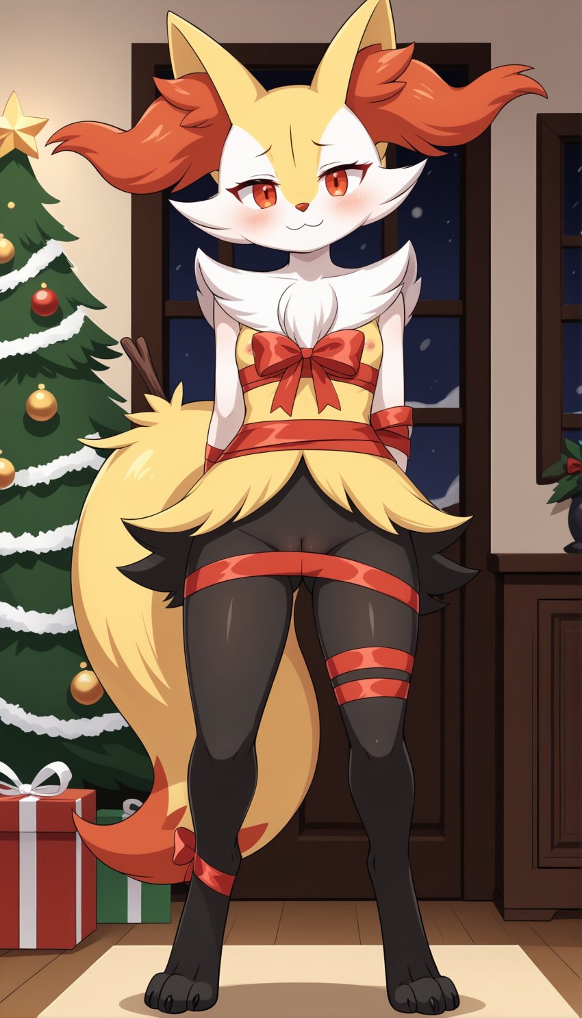 1girls 2024 ai_generated anthro barely_visible_genitalia barely_visible_pussy bedroom_eyes black_body blushing braixen breasts christmas christmas_tree digitigrade female female_only generation_6_pokemon hi_res holidays indoors innie_pussy looking_at_viewer night nintendo nude nude_female orange_eyes orange_fur pink_nipples pokemon pokemon_(species) pussy ribbon ribbon-trimmed_sleeves small_breasts smile snow snowing white_fur yellow_fur