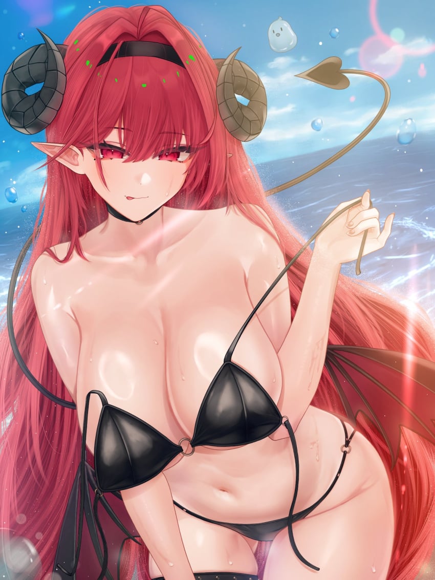 alternate_costume azur_lane bikini black_bikini black_horns breasts cleavage curled_horns day demon_girl demon_horns demon_tail demon_wings dutch_angle female highres hindenburg_(azur_lane) horns huge_breasts leaning_forward long_hair looking_at_viewer navel o-ring o-ring_bikini ocean opi_gyuniku outdoors pointy_ears red_eyes red_hair skindentation slit_pupils solo summer swimsuit tail very_long_hair water wings