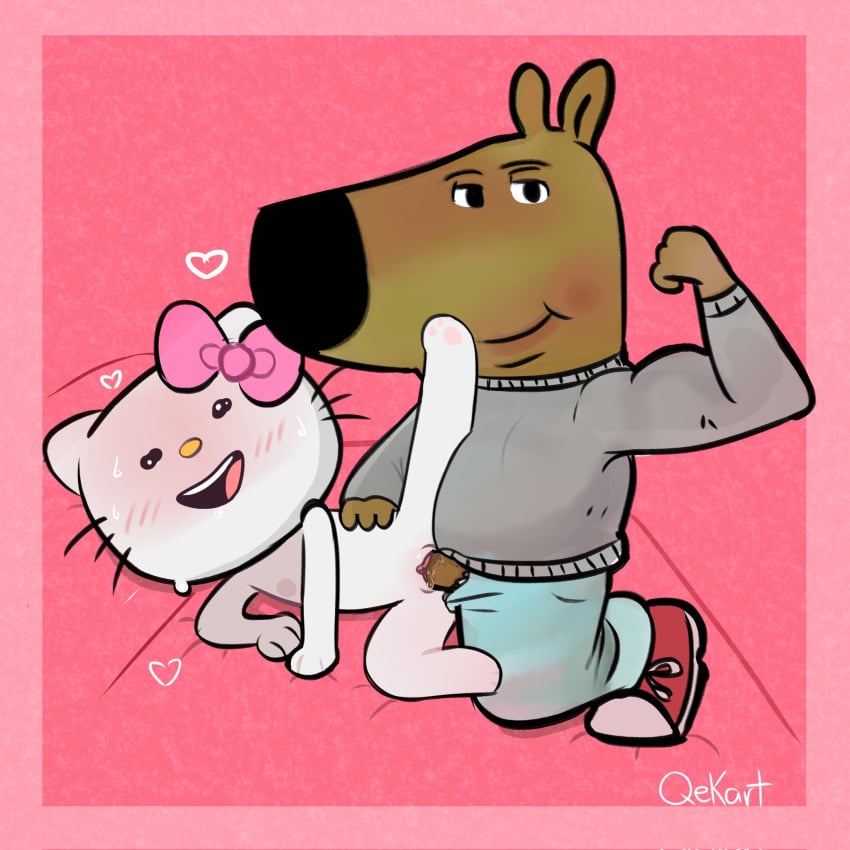 1boy 1girls american_psycho_(meme) chill_guy flexing flexing_bicep hello_kitty hello_kitty_(character) hello_kitty_(series) kitty_white pink_background qekart sanrio sex