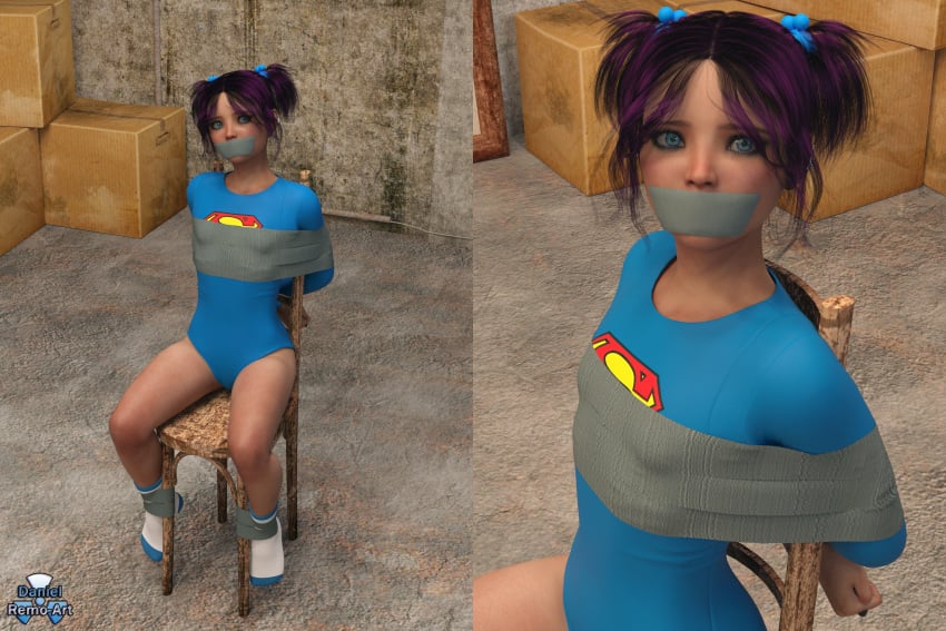 3d 3d_(artwork) bare_legs bondage bound_to_chair chair_bondage daniel_remo_art duct_tape duct_tape_gag eyeliner feet flat_chest gagged legs leotard looking_at_captor looking_at_viewer makeup petite petite_body petite_female small_breasts socks superman_logo tanned_female tanned_skin tape tape_bondage tape_gag taped_mouth thighs tiny_female twintails yumi_(daniel_remo_art)