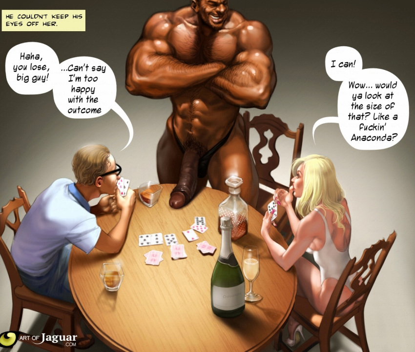 1girls 2boys big_breasts big_penis blonde_hair breasts dark-skinned_male dark_skin hair interracial jaguar_(artist) lost_bet male netorare nude original original_character penis strip_poker stripping