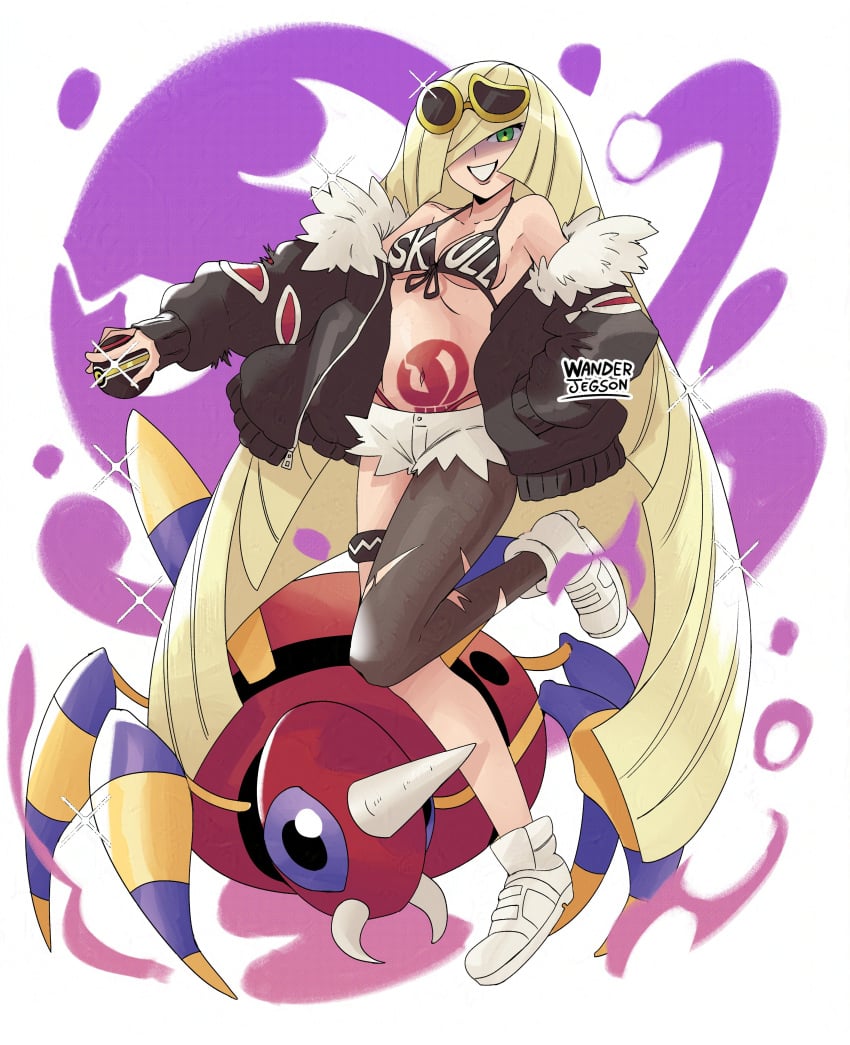 bra hair_over_one_eye hotpants looking_at_viewer lusamine_(pokemon) mature_female midriff milf older_female pokemon pokemon_sm sfw short_shorts shorts smile tattoo team_skull team_skull_logo torn_pantyhose wanderjegson