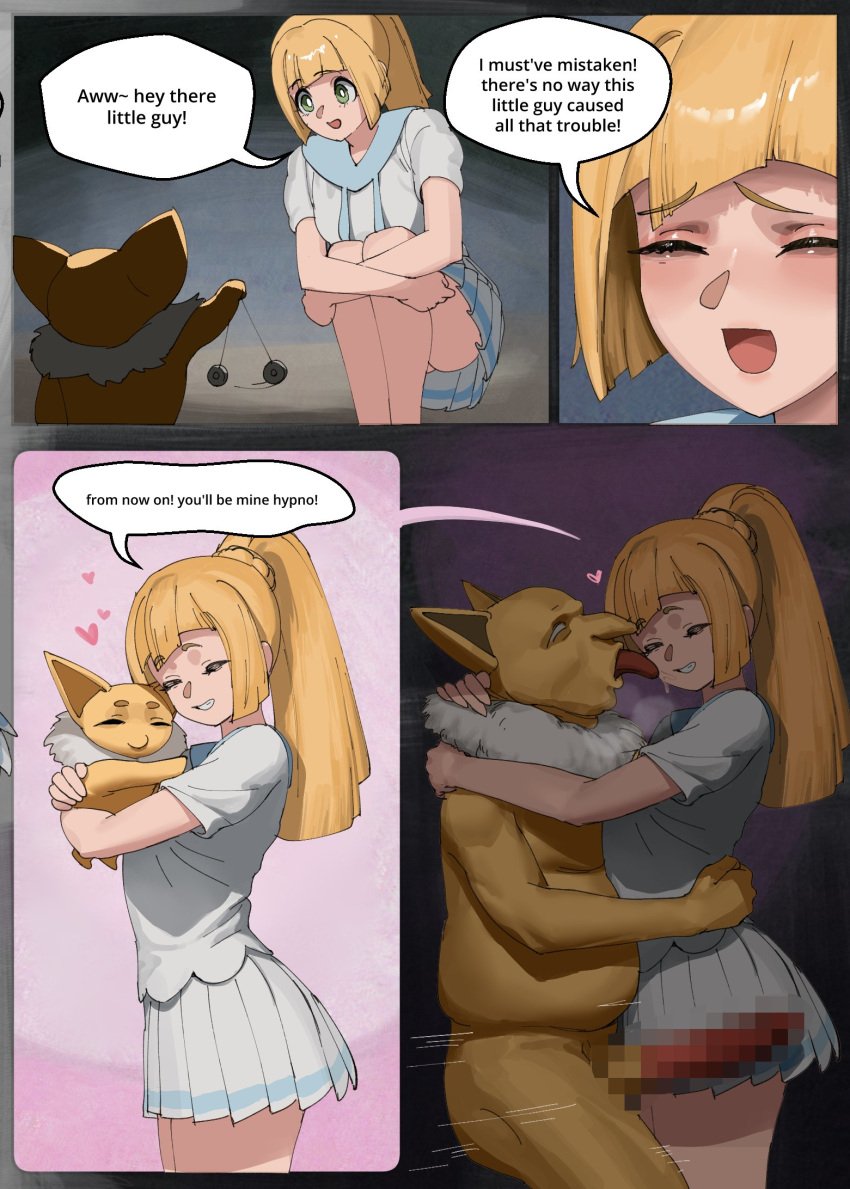 1girls 1pokemon 2d age_difference blonde_hair clothed_female_nude_male erection forest full_color green_eyes hug hugging hypno hypnosis illusion imminent_rape large_penis licking_face lillie_(pokemon) long_hair male_pokemon/female_human mind_control motion_lines page_2 penis pokemon pokephilia ponytail rape school_uniform tongue wjs07 young young_female younger_female