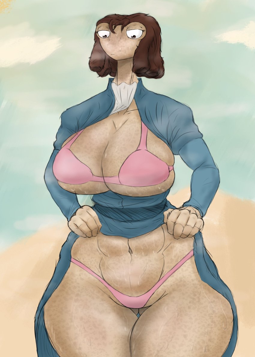 1girls 2d beans_(rango) blue_dress bored_expression brown_eyes brown_hair curvy female lizard lizard_girl nickelodeon panties paramount_pictures pink_panties rango_(film) scalie scalie_humanoid showing_off voluptuous wide_hips