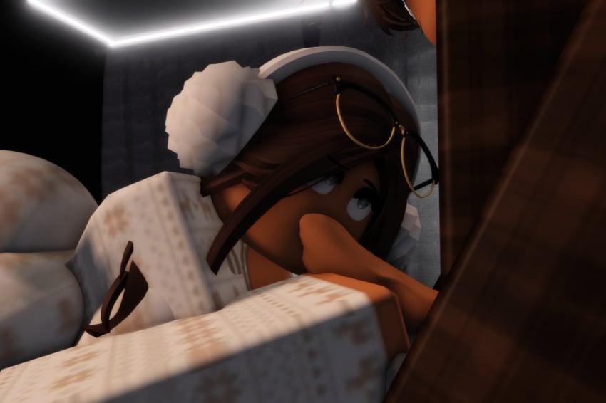 1boy 1girls 3d bedroom big_ass big_breasts blowjob blowjob_face breasts brown_hair christmas_outfit clothed female glasses gray_eyes male medium_penis oral penis penis_out roblox robloxian self_upload smg32 sucking_penis tagme tan_skin
