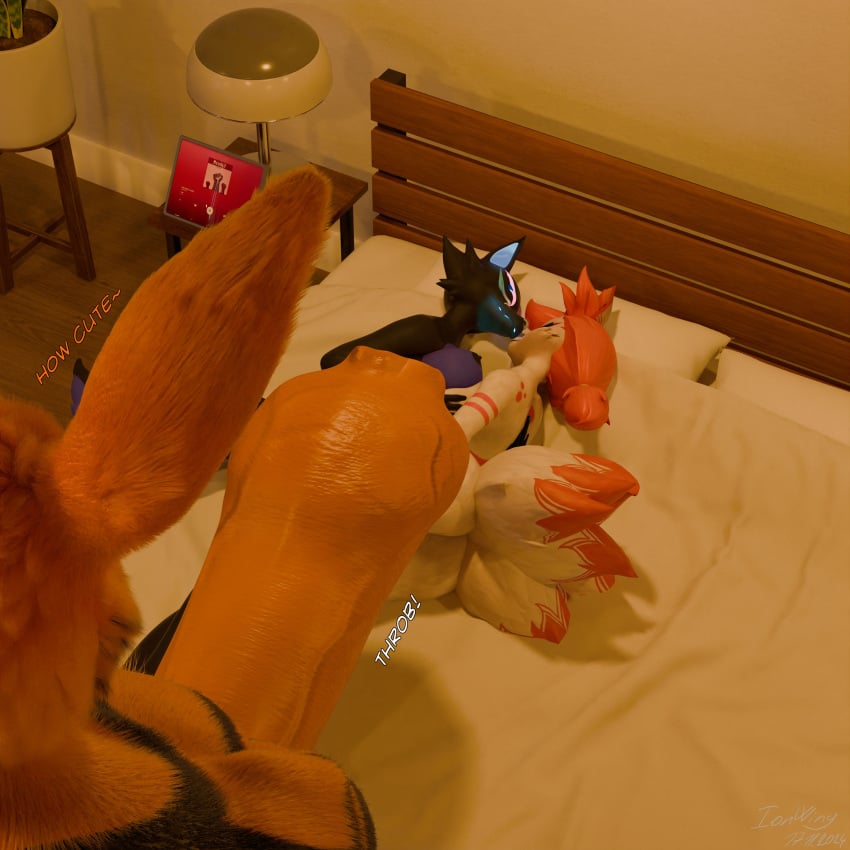 1:1 3d_(artwork) absurd_res anthro bedroom big_penis breast_squish breasts canid canine canis cuddling digital_media_(artwork) epic_games female female/female fortnite fox genitals group hi_res huge_cock hyper hyper_genitalia hyper_penis ionwing kimiko_five-tails kurama male male/female mammal naruto pack_leader_highwire penis sleeping squish trio wolf