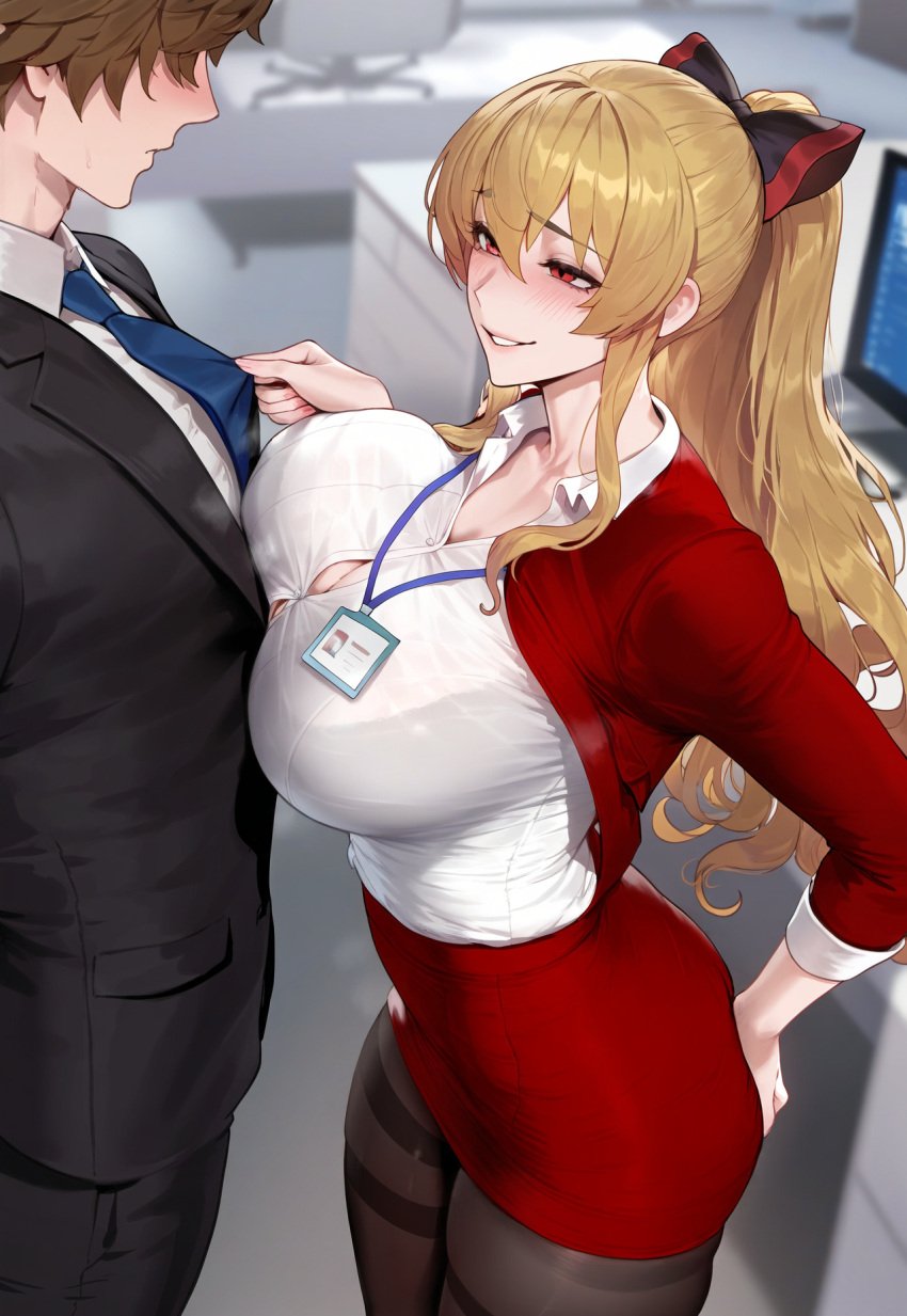 1boy 1boy1girl 1girls absurd_res ai_generated aroused assertive_female black_bra bra_visible_through_clothes breast_press business_suit business_woman embarrassed gran_(granblue_fantasy) granblue_fantasy grin hairbow hand_on_hip height_difference huge_breasts imminent_sex liu_(artist) looking_at_another looking_up miniskirt office office_lady ponytail pulling_another's_clothes pulling_clothing seductive seductive_look seductive_smile smirk smirking smug smug_face standing straight suggestive_look suggestive_pose suggestive_posing suit sweat vira_(granblue_fantasy) vira_lillie voluptuous voluptuous_female