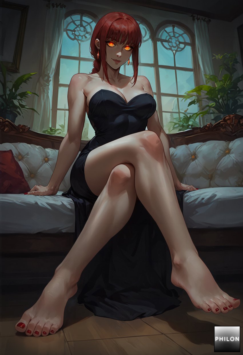 1girls ai_generated bangs bare_shoulders barefoot bed black_dress braid braided_ponytail breasts chainsaw_man cleavage collarbone couch crossed_legs dress earrings feet foot_focus foreshortening full_body glowing glowing_eyes indoors jewelry large_breasts legs long_hair looking_at_viewer makima_(chainsaw_man) nail_polish orange_eyes philon plant red_hair red_nails ringed_eyes sidelocks sitting smile solo stable_diffusion strapless strapless_dress toenail_polish toenails toes window