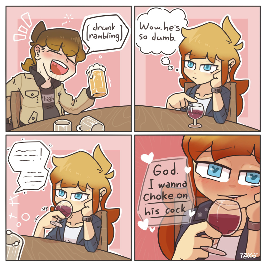 4_panel_comic alcohol alcoholic_drink blue_eyes comic drinking drinking_alcohol drunk drunk_bubble english_text glass glass_cup god,_i_wanna_choke_on_his_cock heart heart-shaped_pupils hearts original original_characters teka77909771 text thought_bubble wine wine_glass