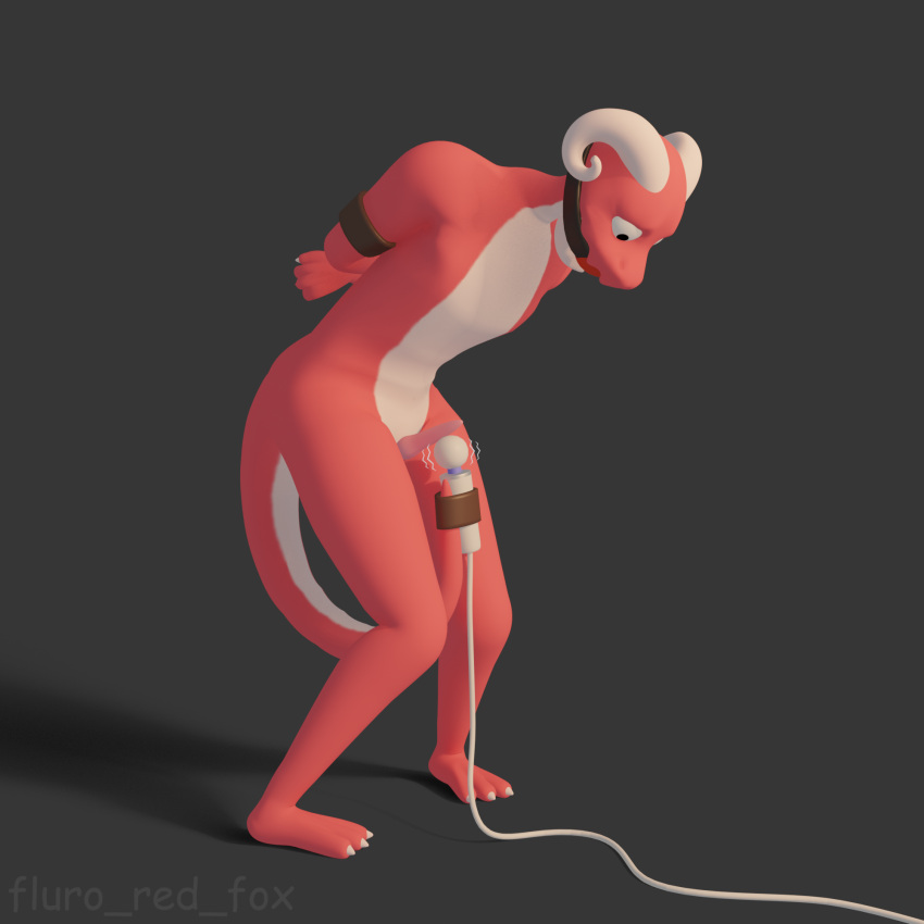 1:1 3d anthro arms_restrained bondage bound digital_media_(artwork) fluro_red_fox genitals grey_background hands_behind_back hi_res male nude penile penis restrained scalie sex_toy simple_background solo tail tail_between_legs vibrator vibrator_on_penis