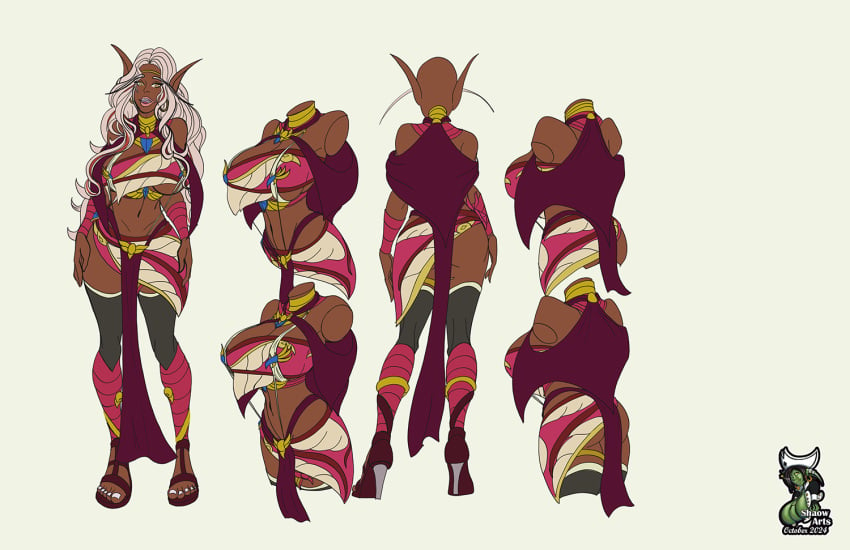 2024 ass ass ass_visible_through_thighs butt_cheeks clock collar dark-skinned_female dark_skin high_heels jewelry long_eyelashes model_sheet original original_character red_clothing self_upload shaowarts toma_ra(shaowarts) tubetop white_hair