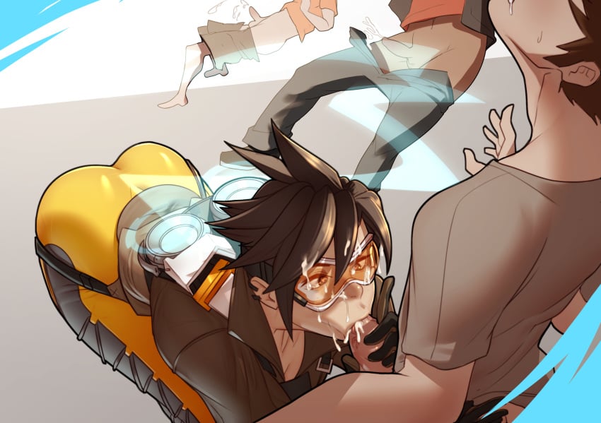 2d ass bent_over blizzard_entertainment bodysuit bomber_jacket brown_hair chronal_accelerator clothed_sex cum cum_on_face cum_on_glasses ear_piercing faceless_male facial fellatio female gloves goggles harness heart-shaped_pupils jacker jacket john_doe male oral outerwear overwatch penis short_hair solo_focus straight time_stop tracer