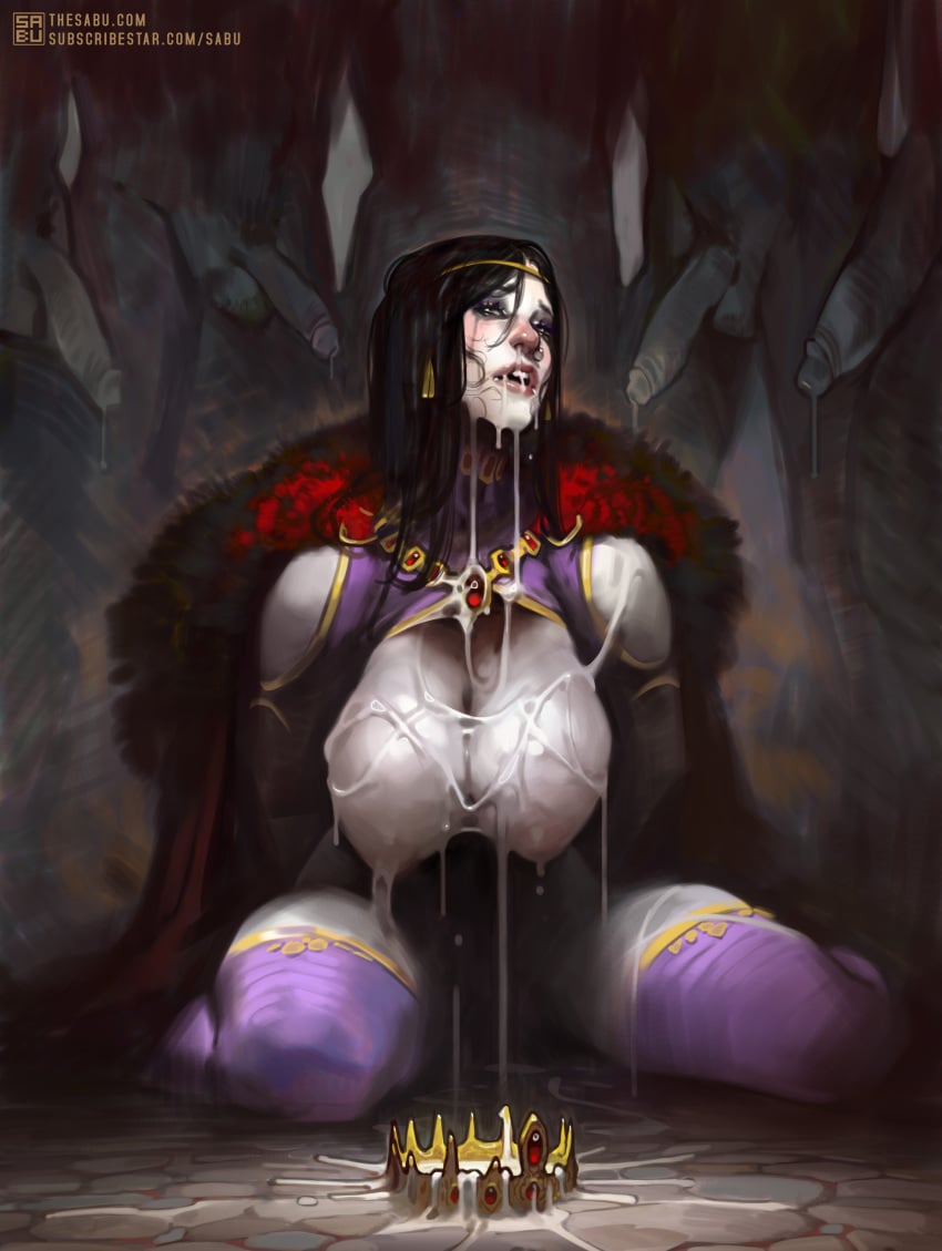 1girls 5boys after_rape black_hair bukkake crown cum_in_mouth cum_on_breasts cum_on_face enslaved_royal gangbang gangrape large_breasts queen rape royalty sabudenego