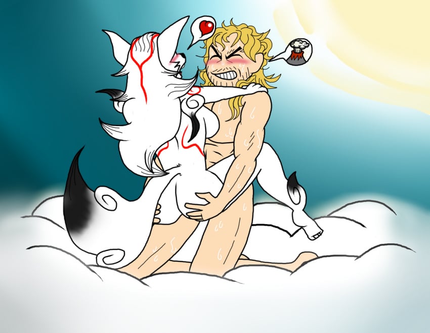 1boy 1girls 2015 amaterasu anthro anthrofied asgardian ass ass_grab avengers big_ass blonde_hair breasts canine capcom crossover deity female fur furry goddess heroesheaven human human_on_anthro humanoid interspecies japanese_mythology light-skinned_male light_skin long_hair male male_on_anthro mammal marvel marvel_comics marvel_vs._capcom norse_mythology nude okami open_mouth penetration sex sideboob straight suspended_congress thor_(marvel) thor_(series) white_fur wolf