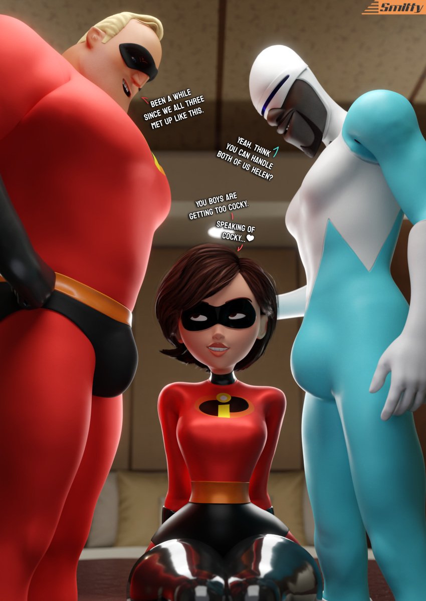 3d blender_(software) bob_parr dark-skinned_male dick_bulge elastigirl frozone helen_parr male/female smitty34 tagme teasing the_incredibles